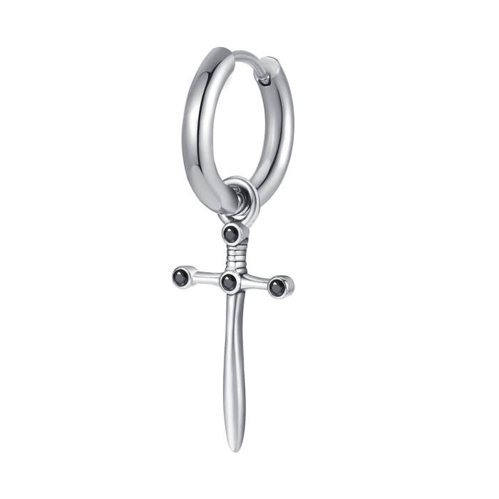 Wholesale Stainless Steel Mens Sword Cross Hoop Earring