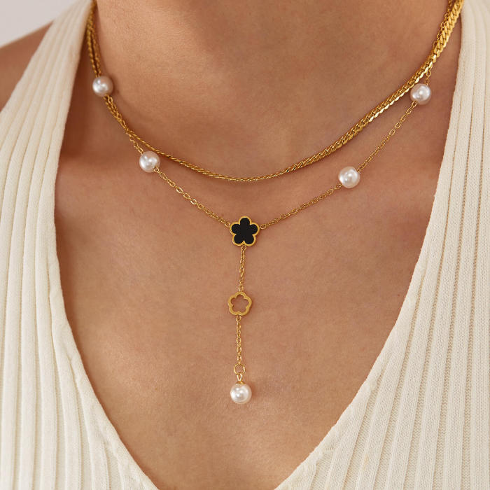 Wholesale Stainless Steel Pearl Double Layered Necklace