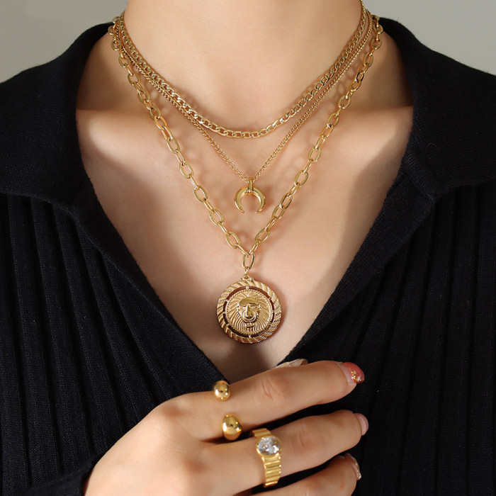 Wholesale Stainless Steel Layered Lion Coin Necklace Set
