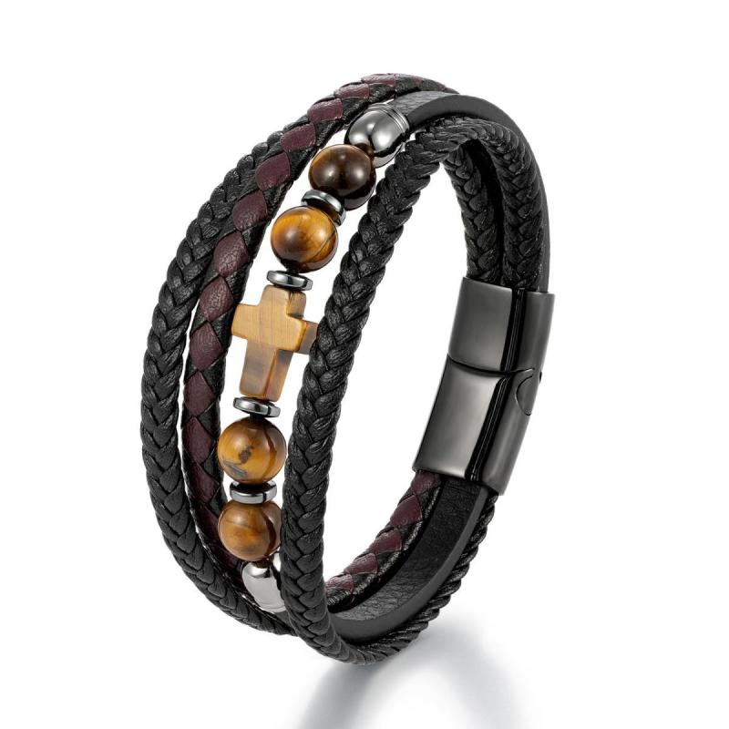 Wholesale Men's Tiger Eye Cross Leather Bracelet