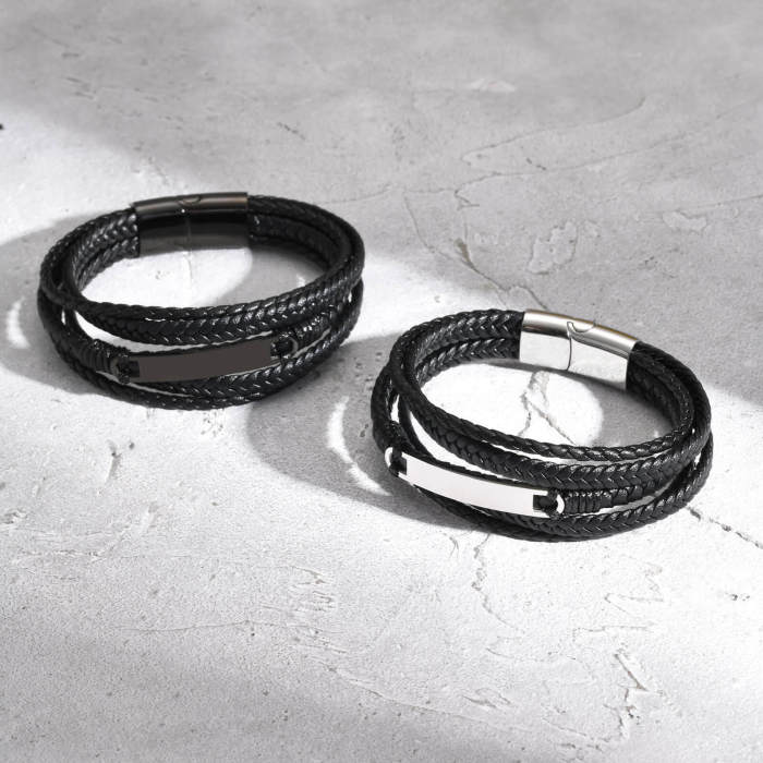 Wholesale Stainless Steel Engraved Leather Bracelet