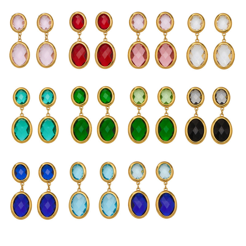 Wholesale Stainless Steel Oval Double Drop Gemstone Earrings