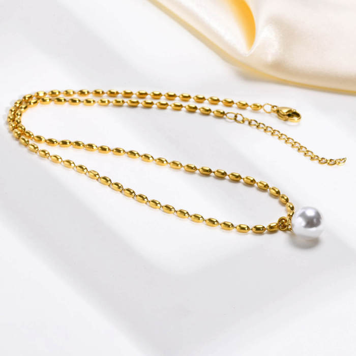 Wholesale Stainless Steel Oval Bead Chain Necklace with Pearl