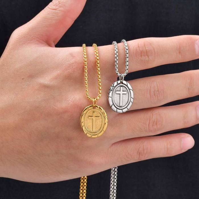 Wholesale Stainless Steel Inlaid Cross Oval Pendant