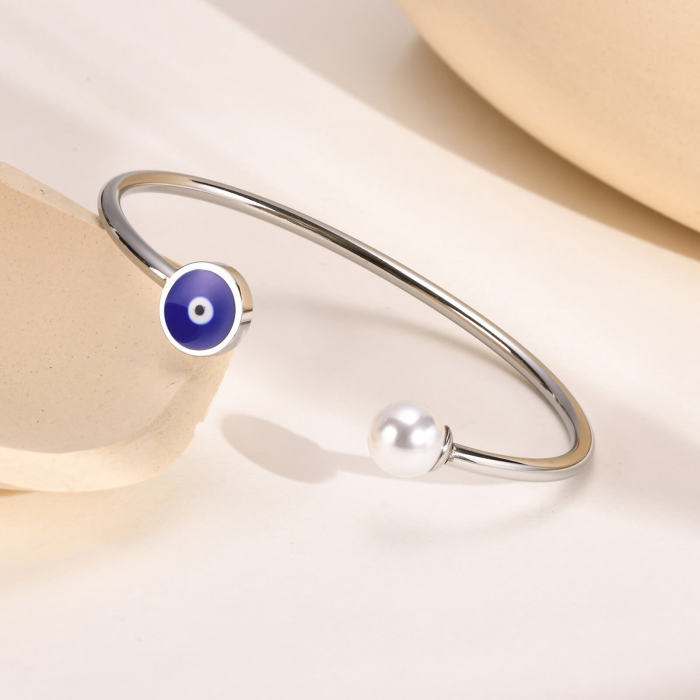 Wholesale Stainless Steel Evil Eye Open Bangle Cuff Bracelet