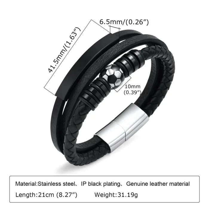 Wholesale Stainless Steel Football Leather Triple Bracelet