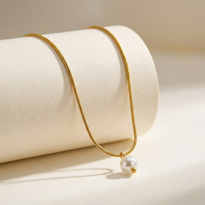 Wholesale 18K Gold Plated Stainless Steel Snake Chain Pearl Necklace