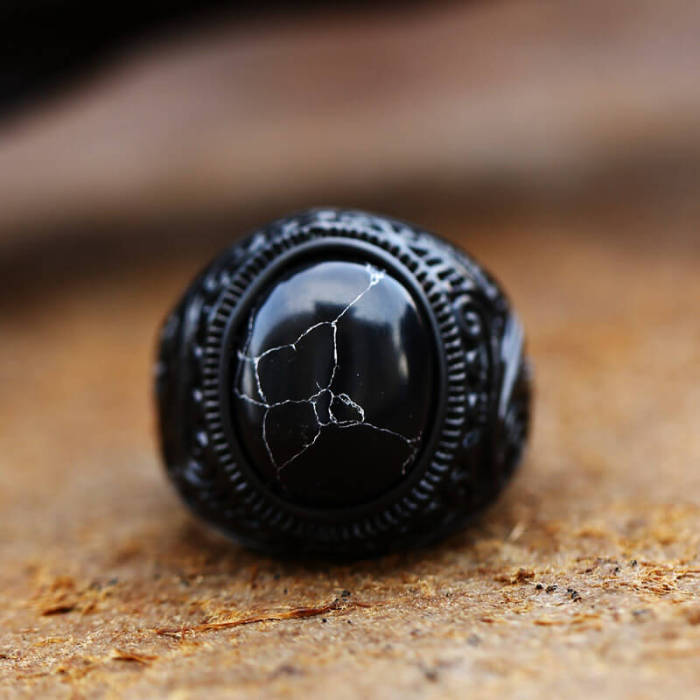 Wholesale Stainless Steel Vintage Black Stone Punk Ring