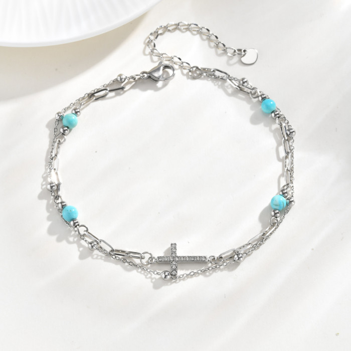 Wholesale Stainless Steel Modern Turquoise & Cross Ankle