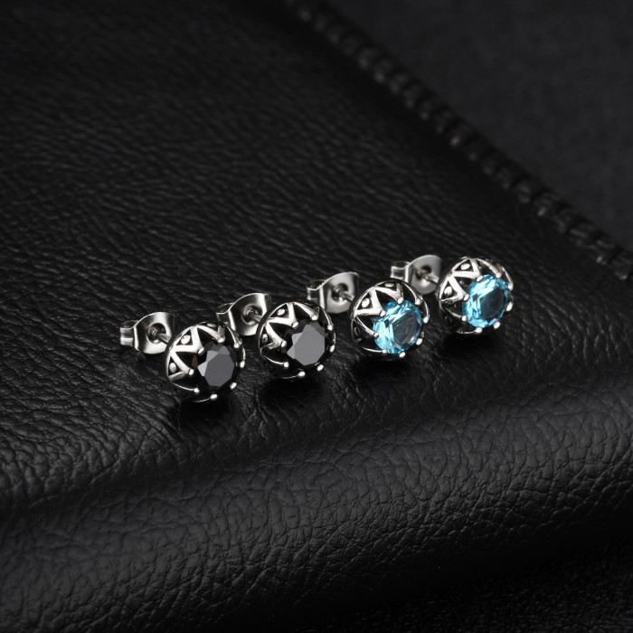 Stainless Steel Blue Zirconia Crown Earrings