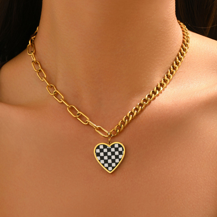 Wholesale Stainless Steel Checkerboard Heart Necklace
