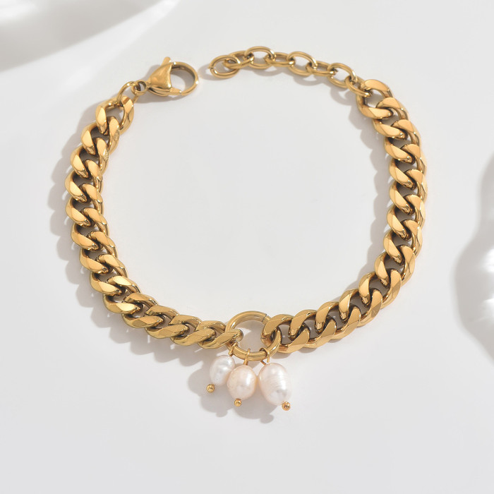 Wholesale Stainless Steel Cuban Link Pearl Bracelet