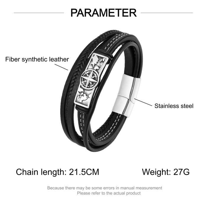 Wholesale Stainless Steel Hip-Hop Retro Compass Leather Bracelet