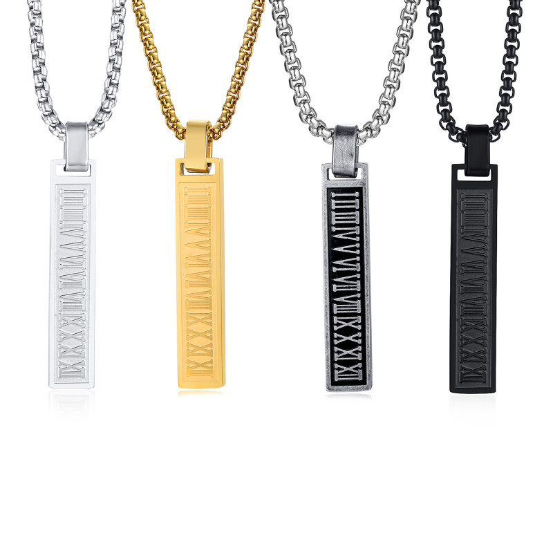 Wholesale Stainless Steel Engraved Roman Numeral Bar Necklace