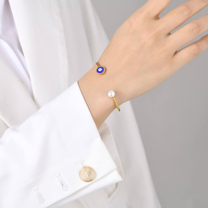Wholesale Stainless Steel Evil Eye Open Bangle Cuff Bracelet