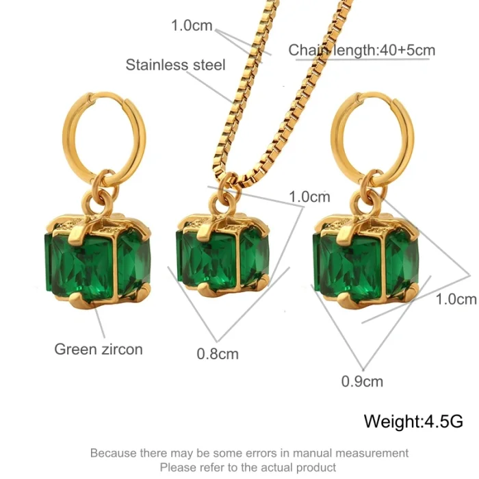 Wholesale Stainless Steel Green Box Square Zircon Pendant & Earring Set