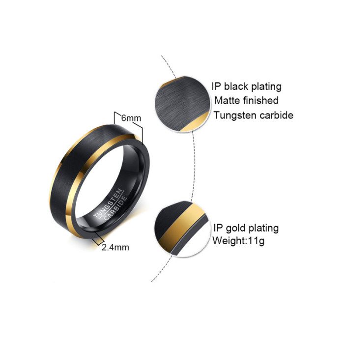 Wholesale Black Brushed Tungsten Gold Edges Wedding Band Ring