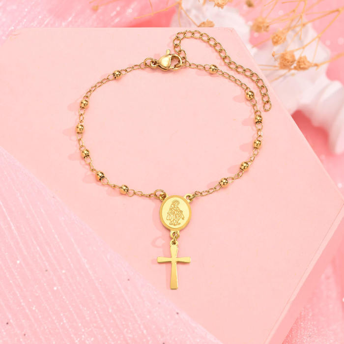 Wholesale Stainless Steel Beaded Link Bracelet with Crucifix Cross
