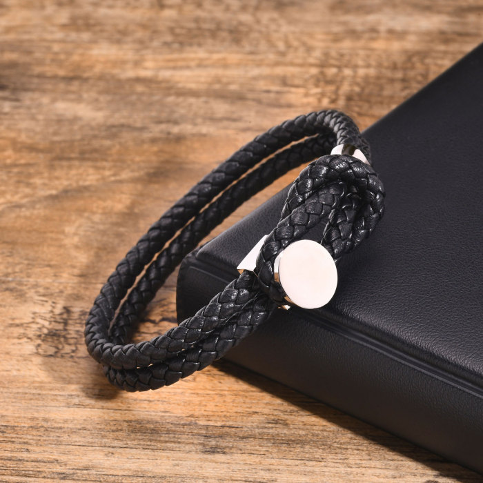 Wholesale Stainless Steel Black Knot Leather Bracelet