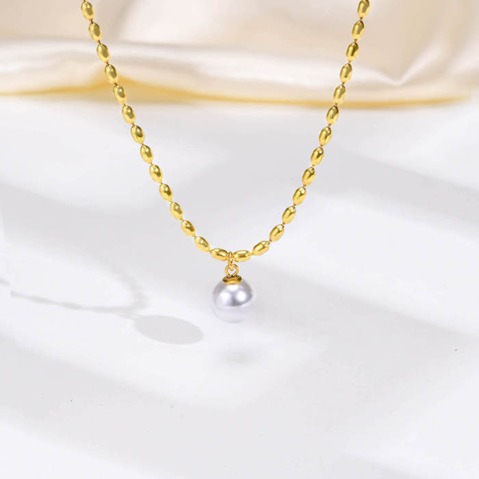 Wholesale Stainless Steel Oval Bead Chain Necklace with Pearl