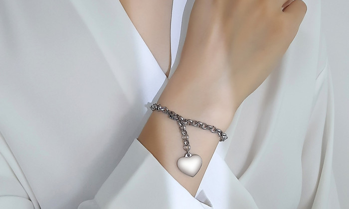 Wholesale Stainless Steel Round Link Chain  Bracelet with Heart Tag