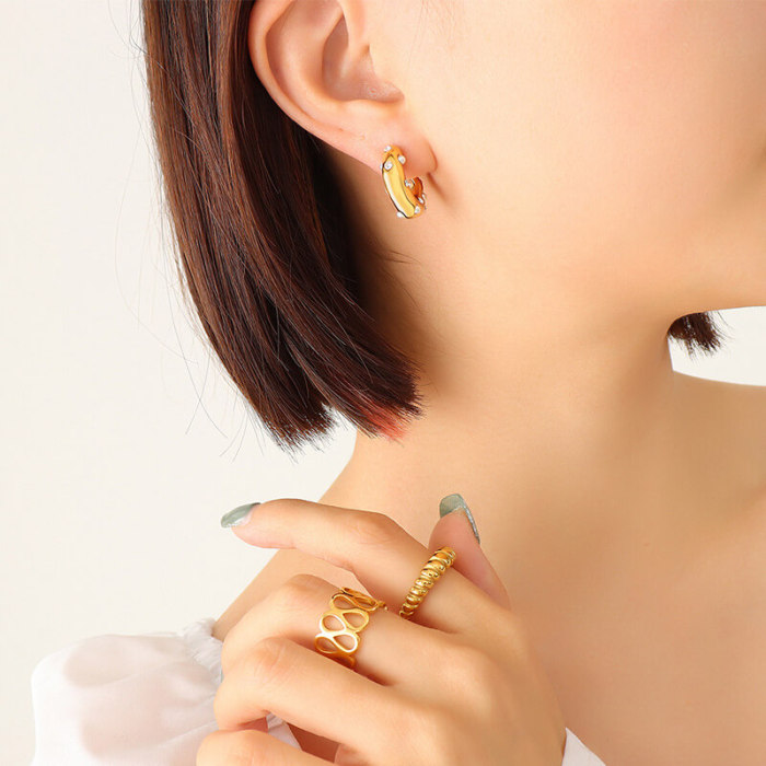 Wholesale Stainless Steel C-shaped Inlay CZ Imitation Pearl Earrings