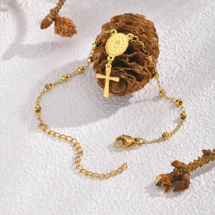 Wholesale Stainless Steel Beaded Link Bracelet with Crucifix Cross