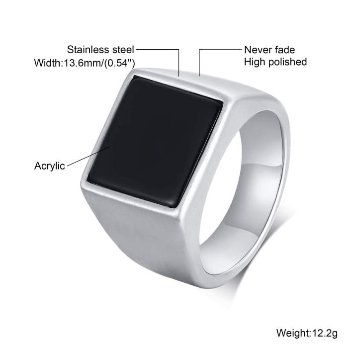 Wholesale Stainless Steel Square Black Stone Seal Ring
