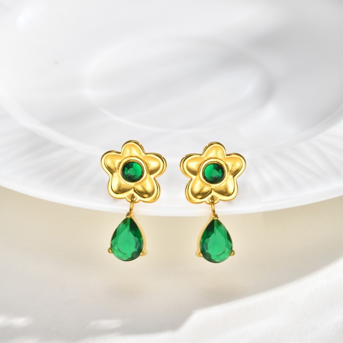 Wholesale Stainless Steel CZ Flower Drop Earrings