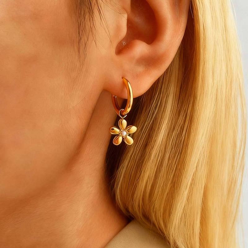 Wholesale Stainless Steel Minimal Gold Flower Charm Hoop Earrings