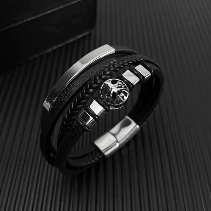 Wholesale Stainless Steel Bark of Life Leather Bracelet