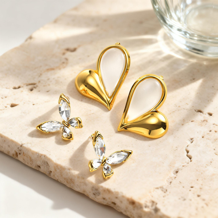 Wholesale Gold Plated Heart & Butterfly Stud Earrings Set