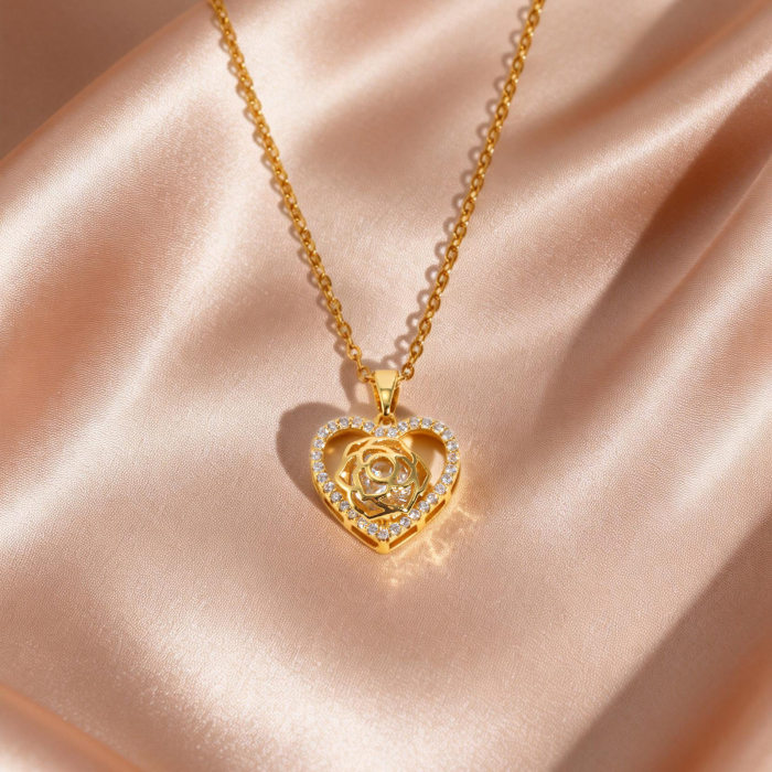 Wholesale 18K Gold Plated Heart Rose Pendant Necklace