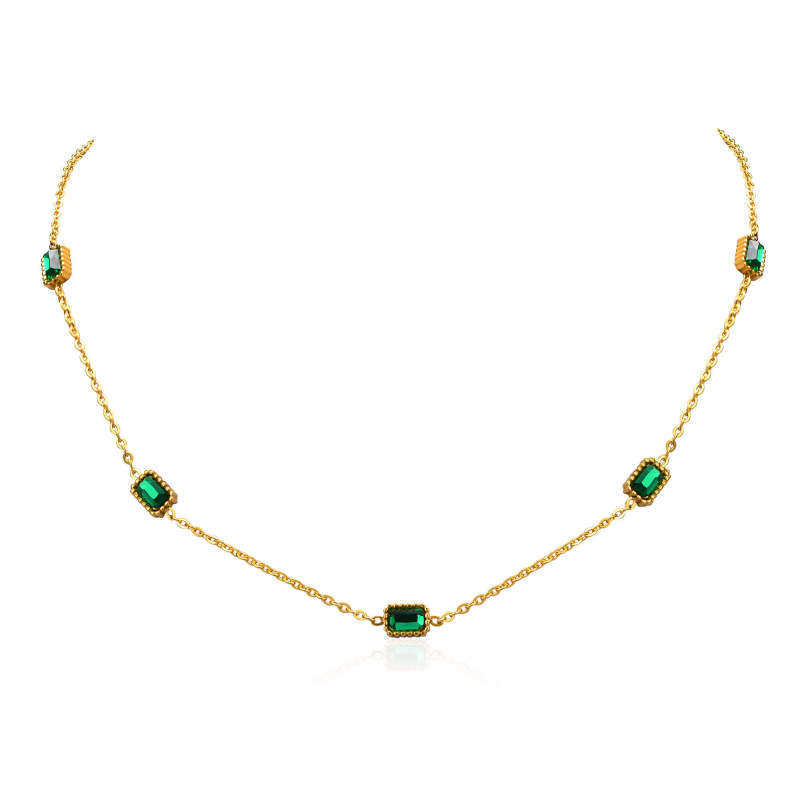 Wholesale Stainless Steel Vintage Emerald CZ Necklace and Bracelet Set