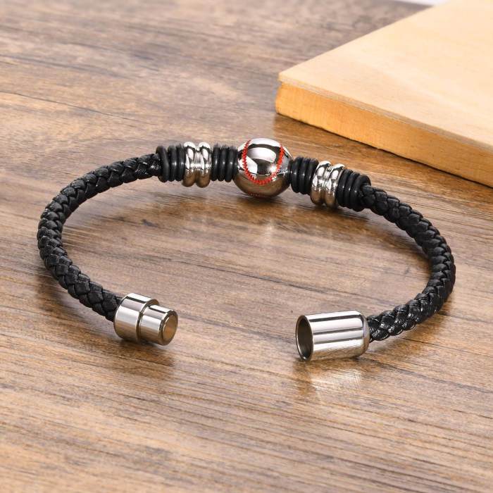 Wholesale Stainless Steel Baseball Patterned Leather Bracelet