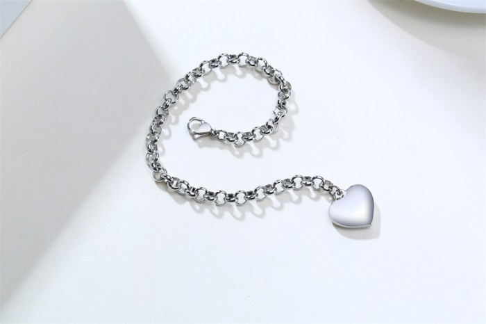 Wholesale Stainless Steel Round Link Chain  Bracelet with Heart Tag