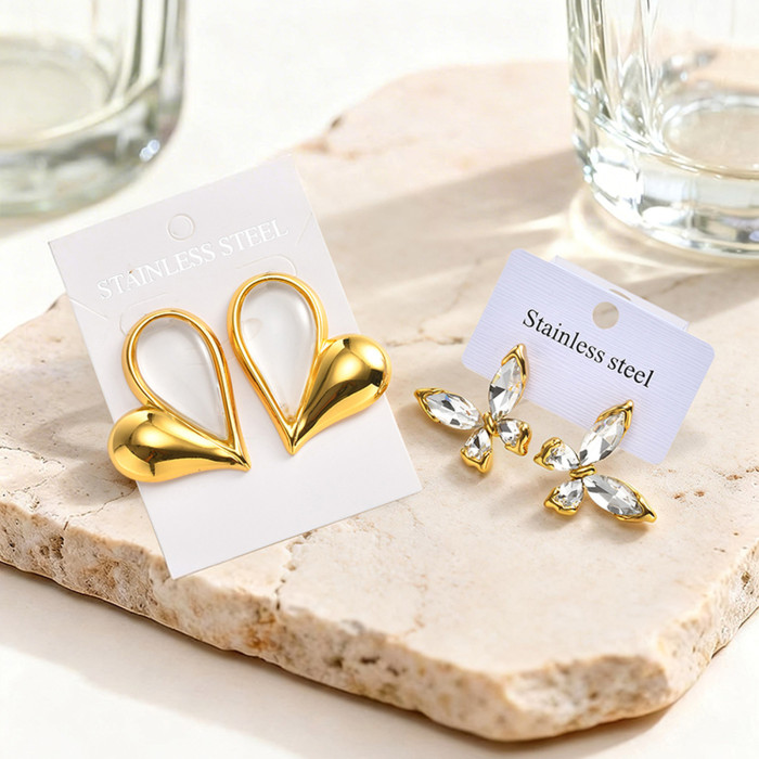 Wholesale Gold Plated Heart & Butterfly Stud Earrings Set