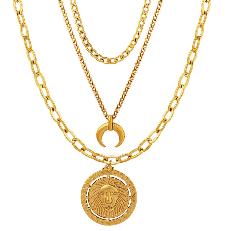 Wholesale Stainless Steel Layered Lion Coin Necklace Set