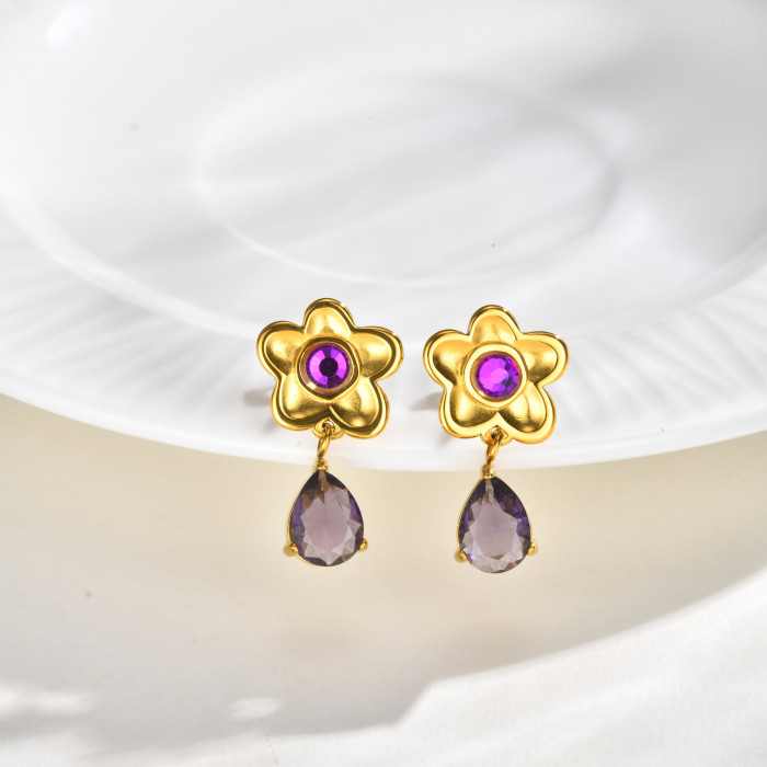 Wholesale Stainless Steel CZ Flower Drop Earrings