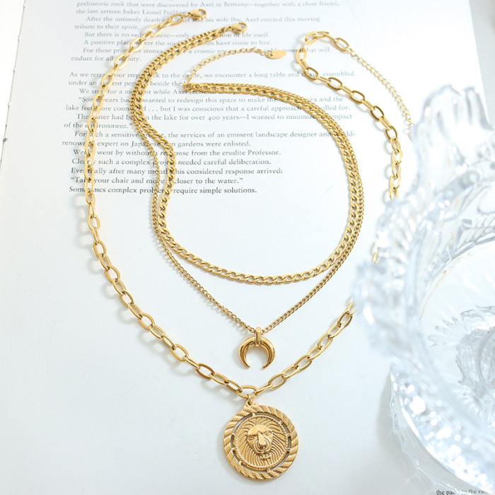 Wholesale Stainless Steel Layered Lion Coin Necklace Set