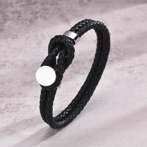 Wholesale Stainless Steel Black Knot Leather Bracelet