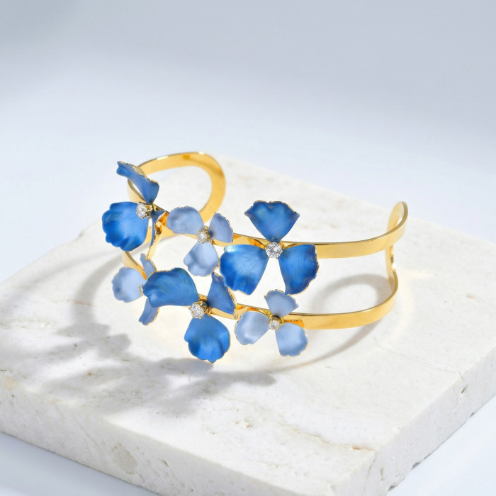 Wholesale Stainless Steel Blue Enamel Flower Open Bangle