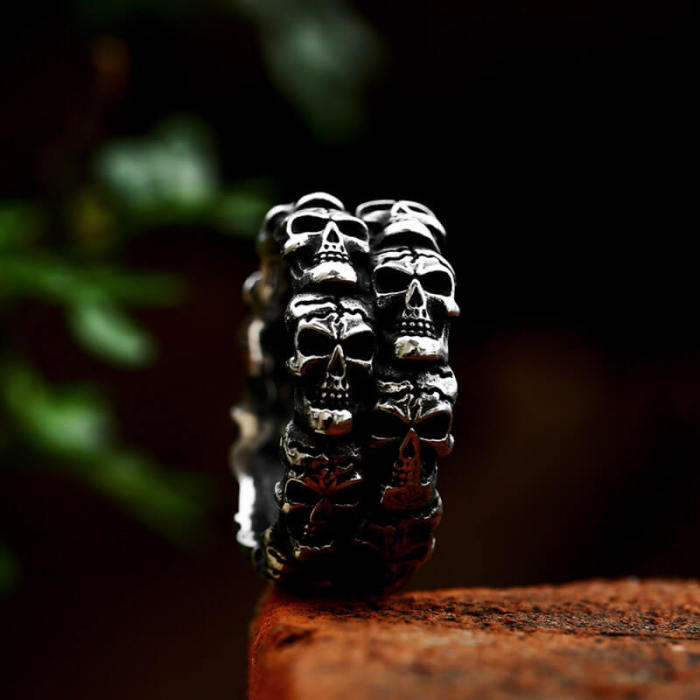 Wholesale Stainless Steel Vintage Double Row Skull Ring