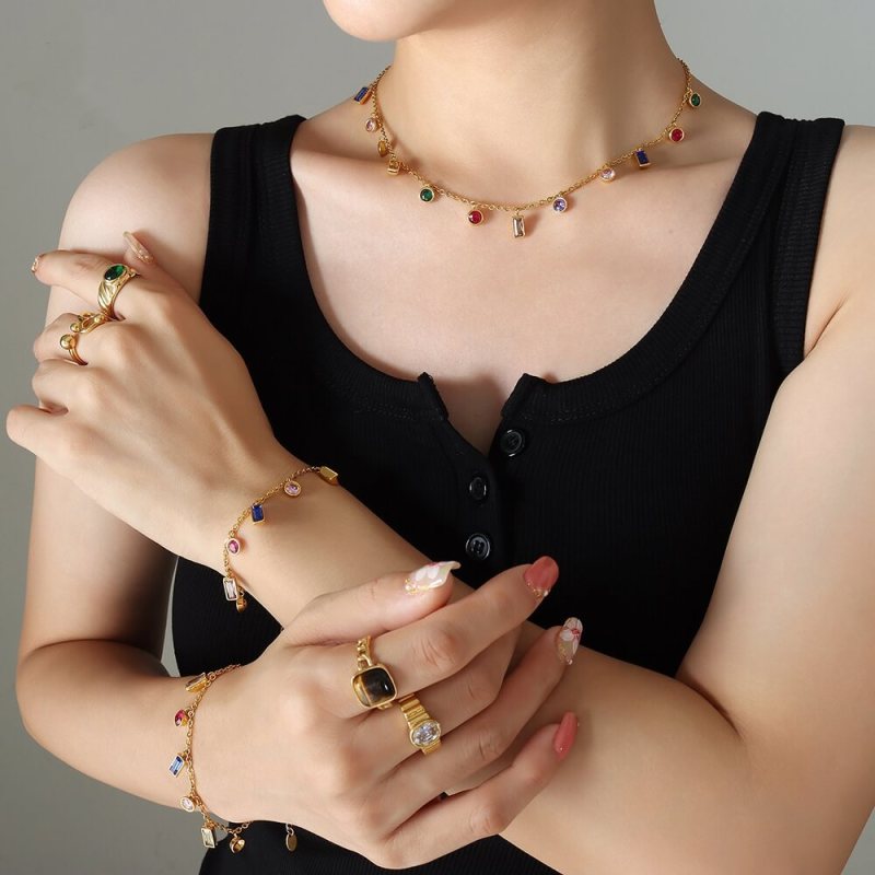 Wholesale Stainless Steel Multi-color Zircon Combo Bracelet & Necklace