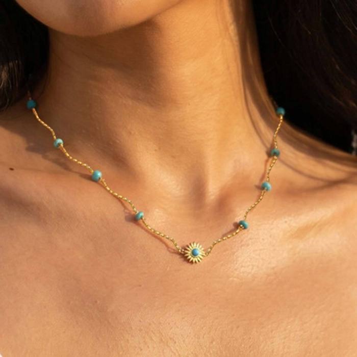 Wholesale Stainless Steel Layered Turquoise & Cowrie Shell Necklace