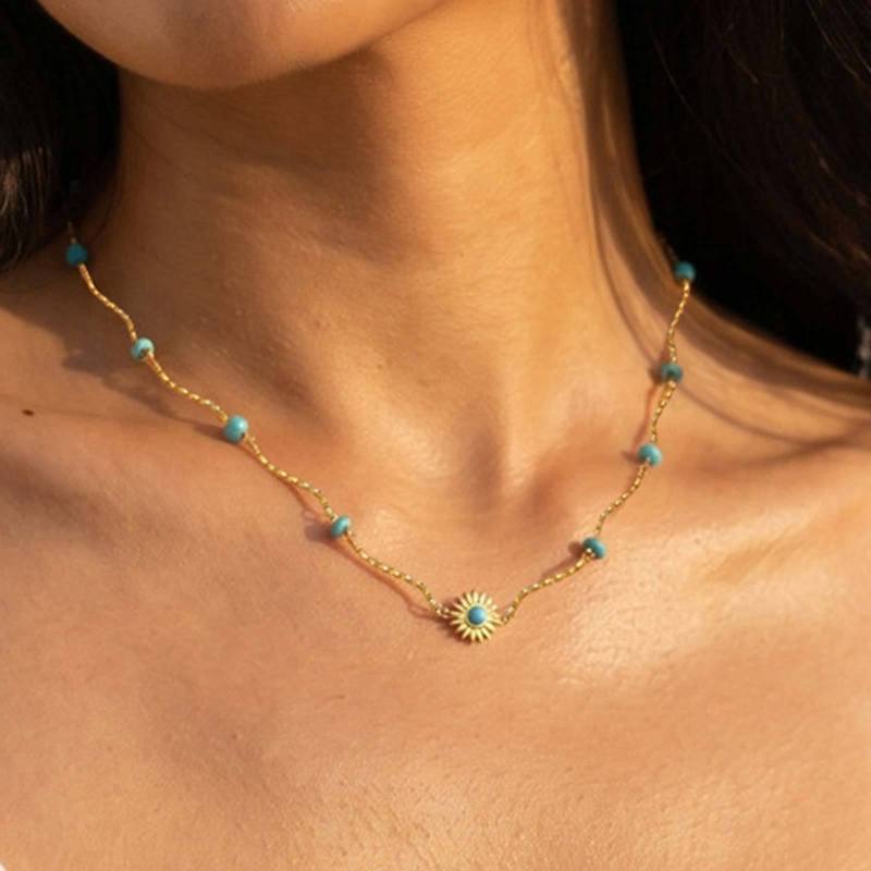 Wholesale Stainless Steel Layered Turquoise & Cowrie Shell Necklace