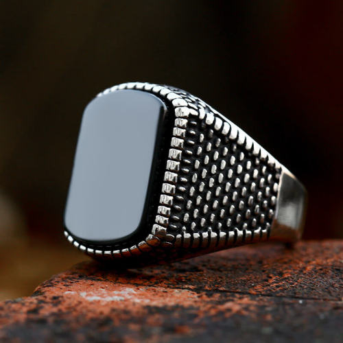 Wholesale Stainless Steel Punk Black Stone Signet Rings