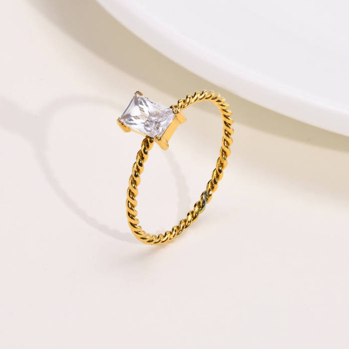 Wholesale Stainless Steel Thin Twist Ring with Square CZ