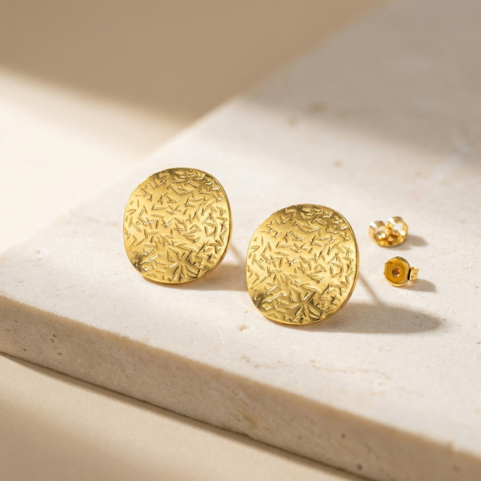 Wholesale Gold Plated Textured Round Disk Stud Earrings