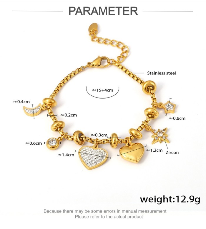 Wholesale Stainless Steel Charm Bracelet: Heart, Moon & Star